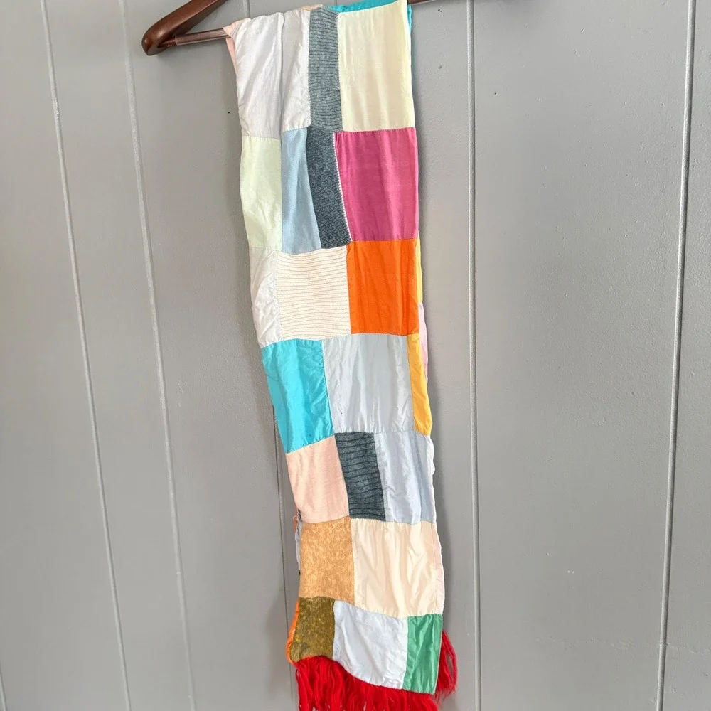 Handmade Patchwork Quilt Fringe Scarf Thriftcore Indie Folk Whimsical‎ Whimsy